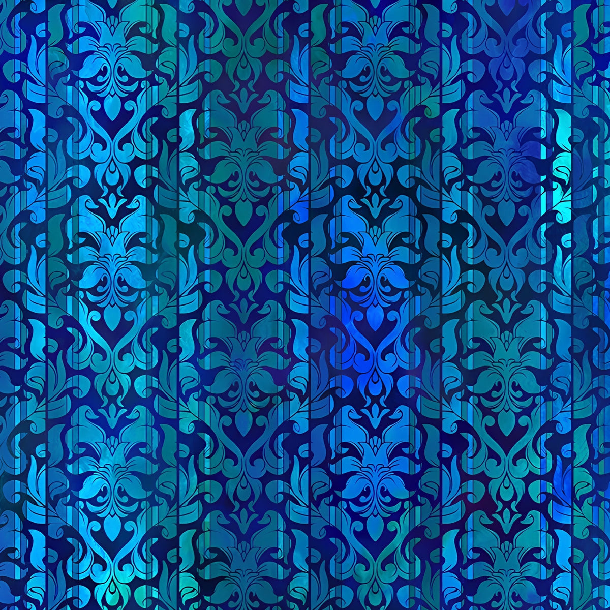 Classic damask motifs alternating teal cobalt blue vertical stripes deep navy background digitally printed quilting fabric Jason Yenter In The Beginning Fabrics