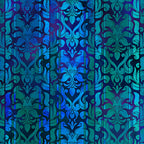 Classic damask motifs alternating teal cobalt blue vertical stripes deep navy background digitally printed quilting fabric Jason Yenter In The Beginning Fabrics