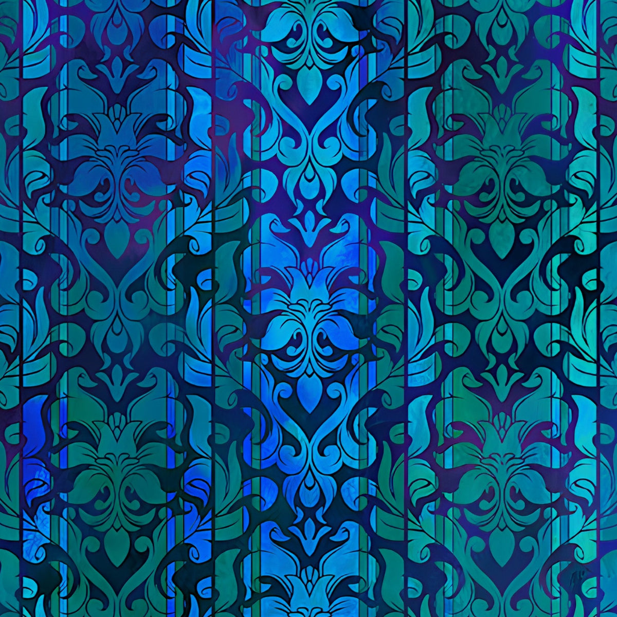Classic damask motifs alternating teal cobalt blue vertical stripes deep navy background digitally printed quilting fabric Jason Yenter In The Beginning Fabrics
