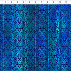Classic damask motifs alternating teal cobalt blue vertical stripes deep navy background digitally printed quilting fabric Jason Yenter In The Beginning Fabrics