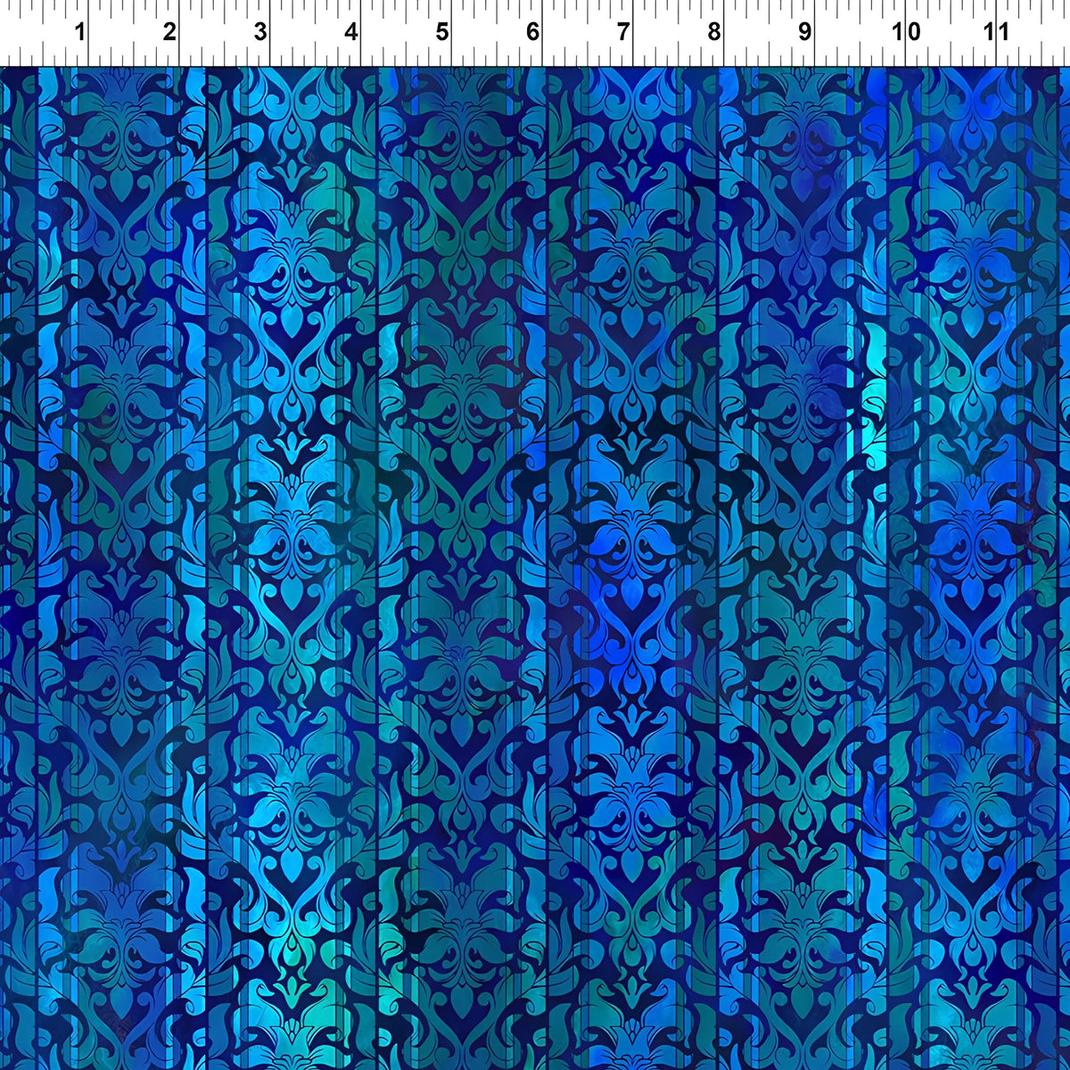 Classic damask motifs alternating teal cobalt blue vertical stripes deep navy background digitally printed quilting fabric Jason Yenter In The Beginning Fabrics
