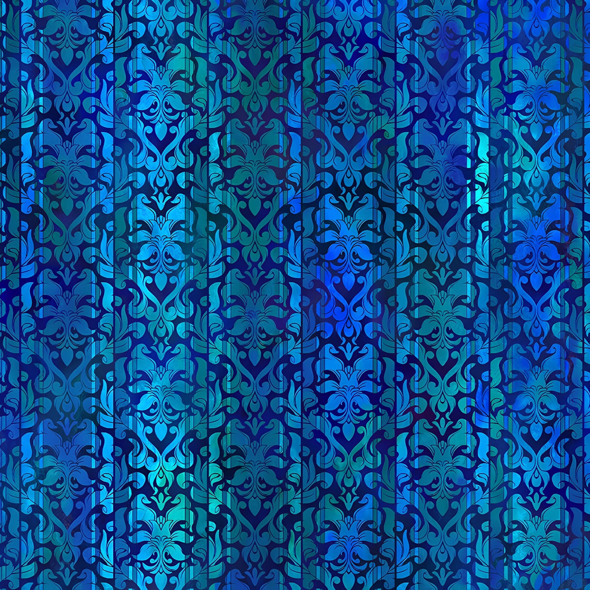 Classic damask motifs alternating teal cobalt blue vertical stripes deep navy background digitally printed quilting fabric Jason Yenter In The Beginning Fabrics