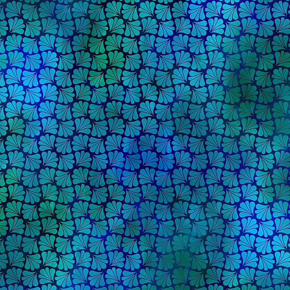 Packed fan-shaped leaves teal emerald green cobalt blue deep navy background digitally printed blender quilting fabric Jason Yenter In The Beginning Fabrics