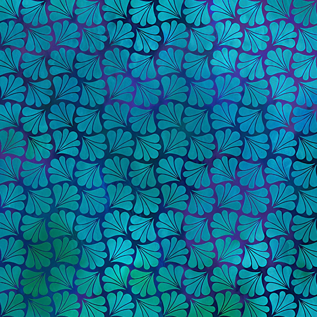 Packed fan-shaped leaves teal emerald green cobalt blue deep navy background digitally printed blender quilting fabric Jason Yenter In The Beginning Fabrics
