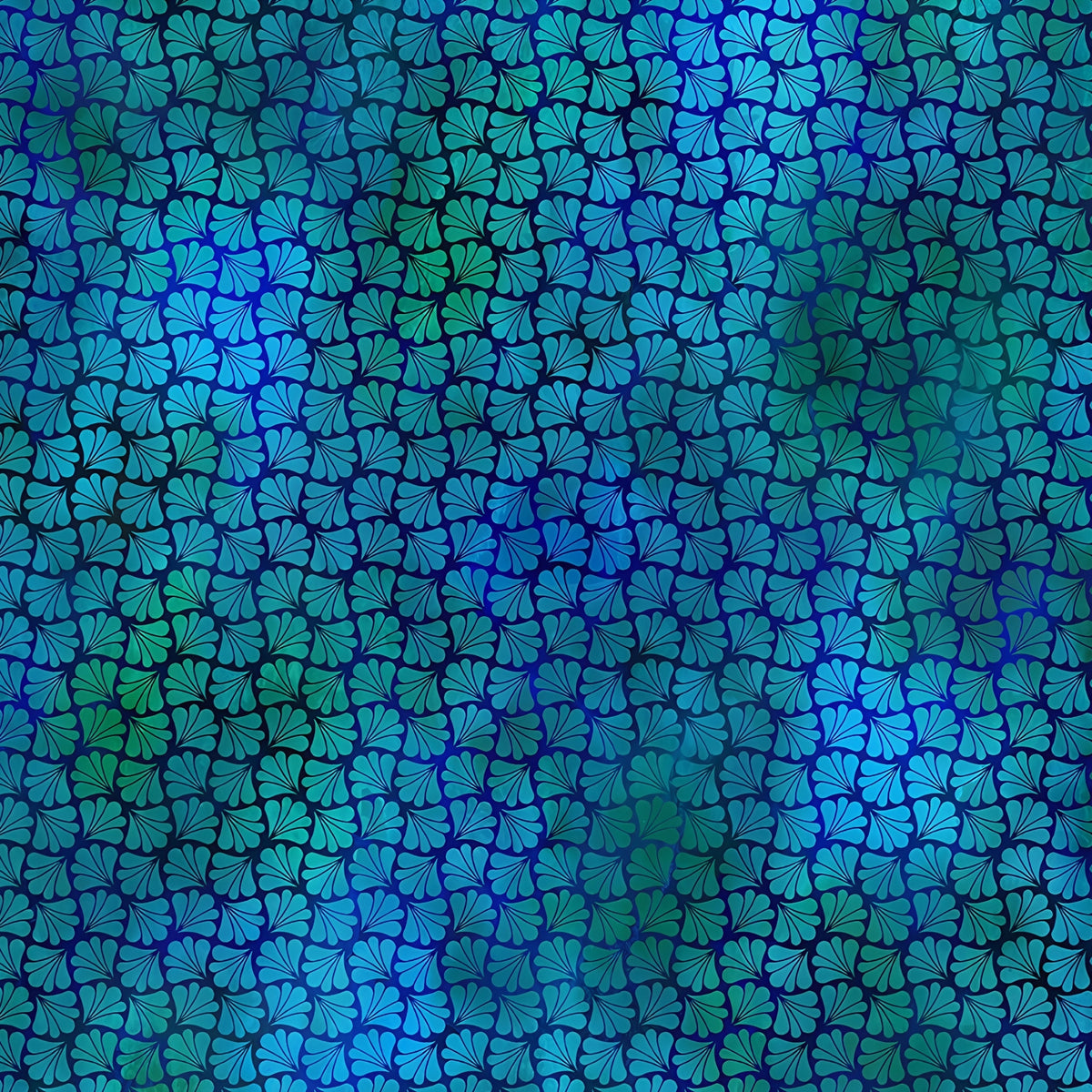 Packed fan-shaped leaves teal emerald green cobalt blue deep navy background digitally printed blender quilting fabric Jason Yenter In The Beginning Fabrics