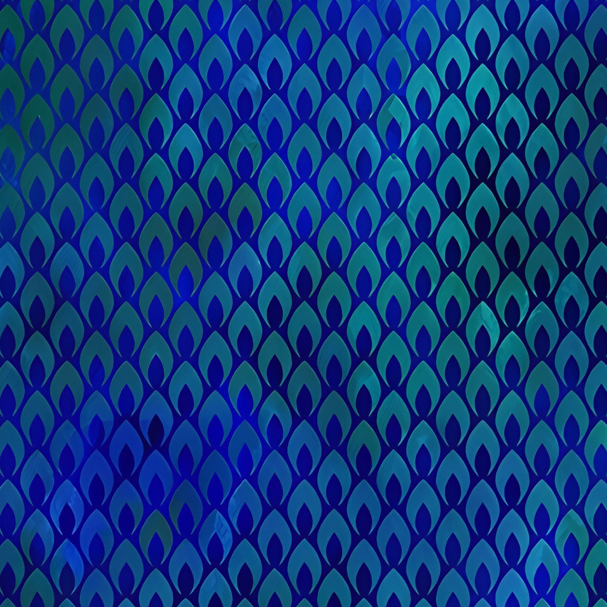 Packed teardrop flame shapes teal cobalt emerald mermaid scale peacock feather effect digitally printed blender quilting fabric Jason Yenter In The Beginning Fabrics
