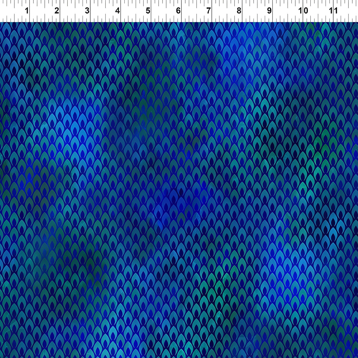 Packed teardrop flame shapes teal cobalt emerald mermaid scale peacock feather effect digitally printed blender quilting fabric Jason Yenter In The Beginning Fabrics