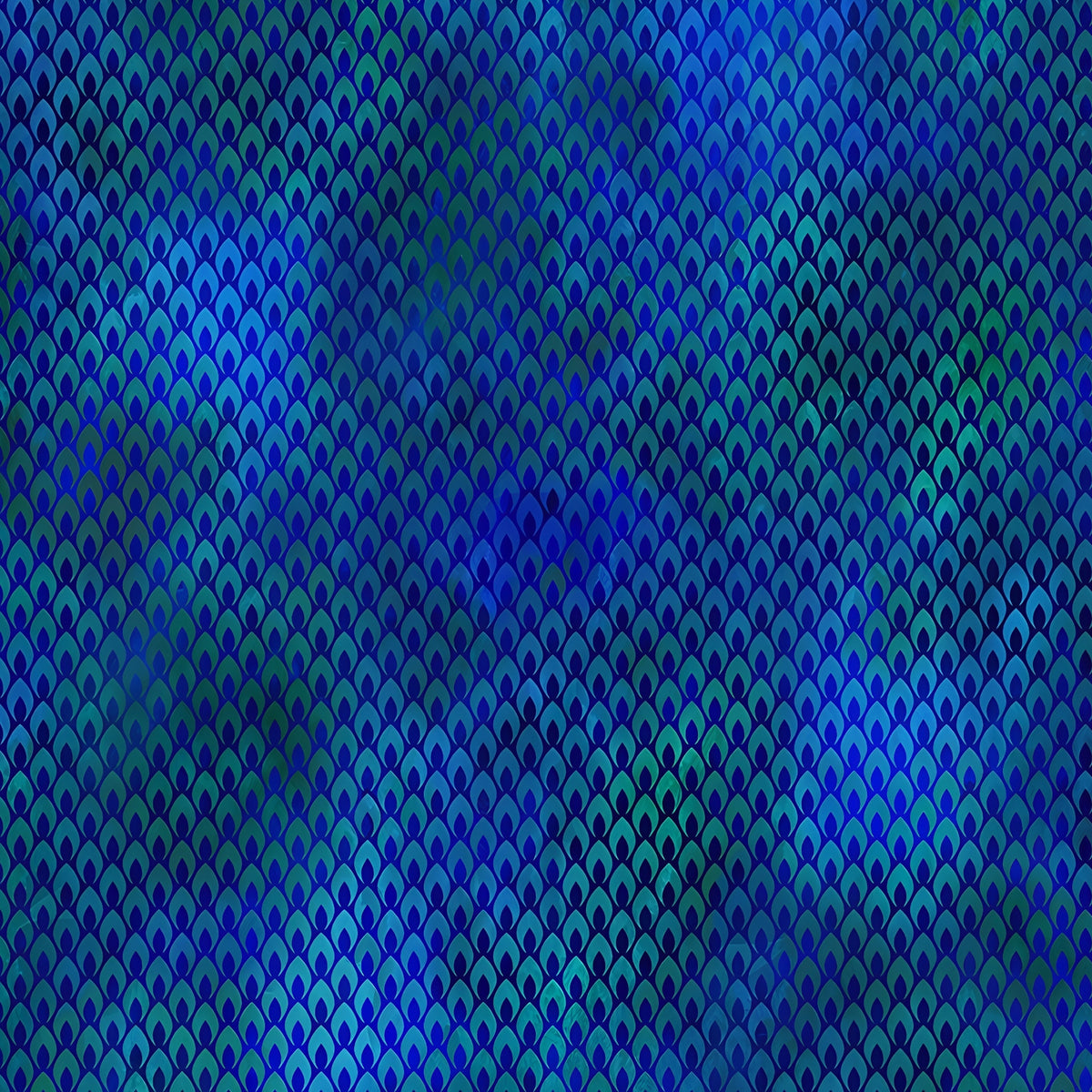 Packed teardrop flame shapes teal cobalt emerald mermaid scale peacock feather effect digitally printed blender quilting fabric Jason Yenter In The Beginning Fabrics