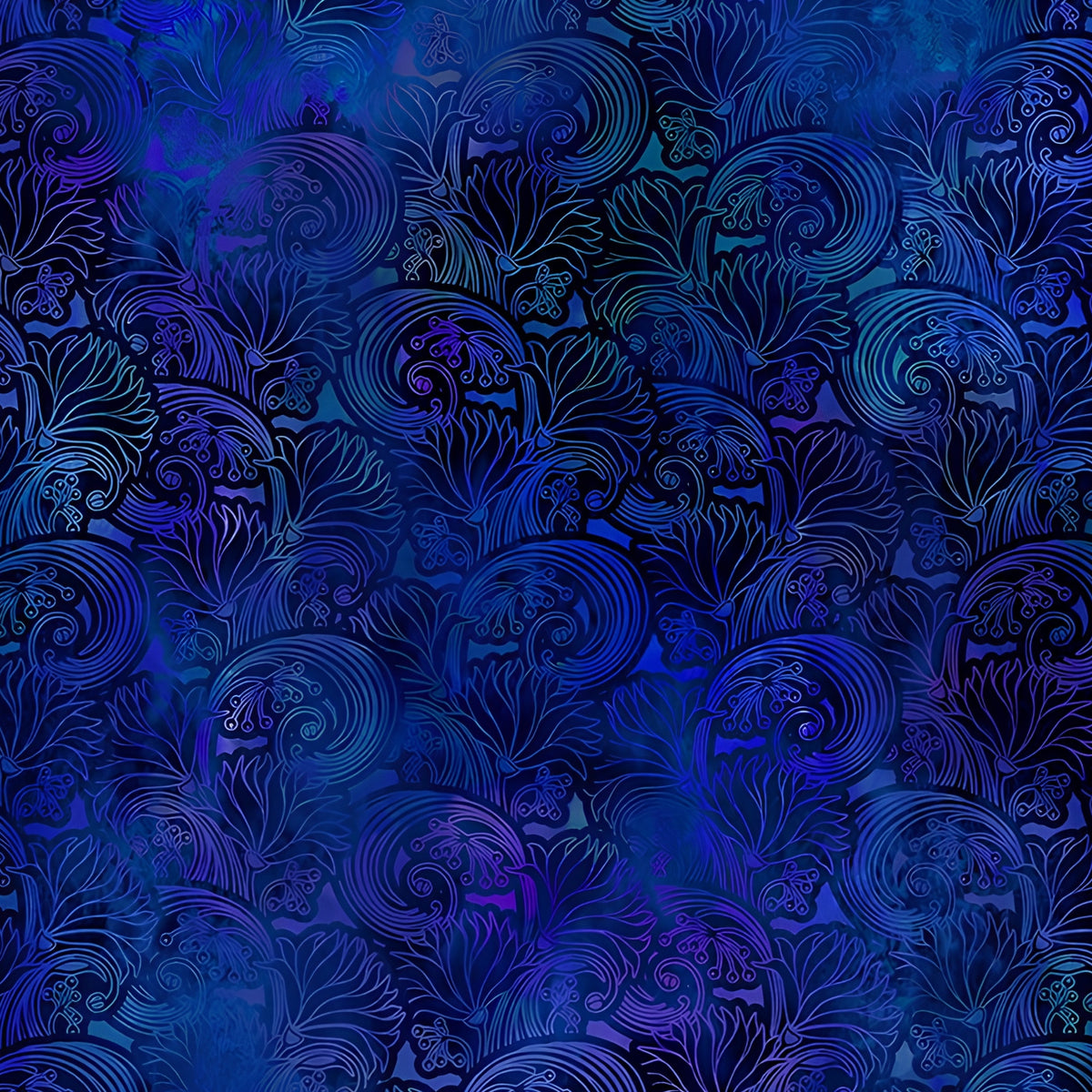 Art Nouveau floral scrolls feathery leaves cobalt violet blue midnight navy digitally printed blender quilting fabric Jason Yenter In The Beginning Fabrics