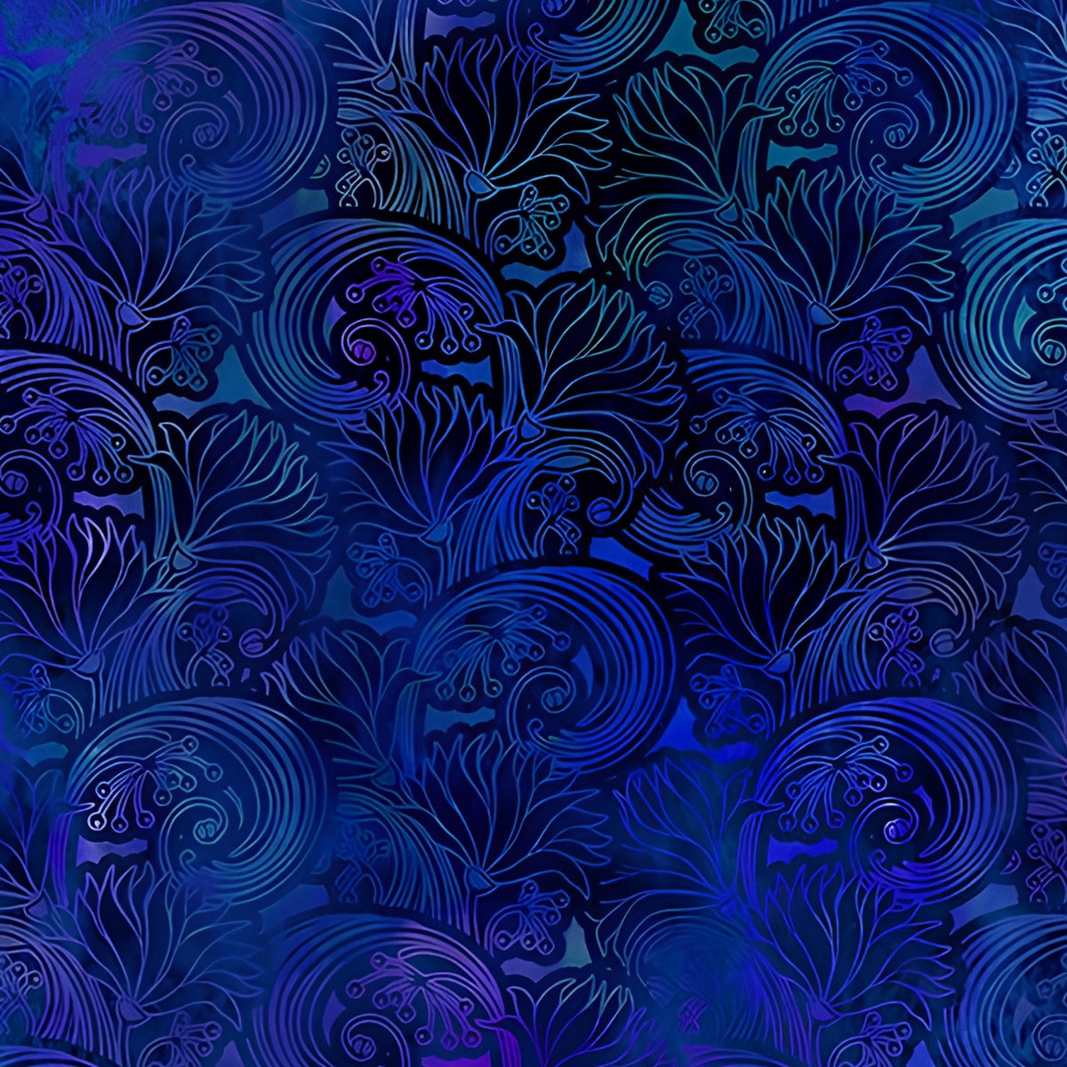 Art Nouveau floral scrolls feathery leaves cobalt violet blue midnight navy digitally printed blender quilting fabric Jason Yenter In The Beginning Fabrics