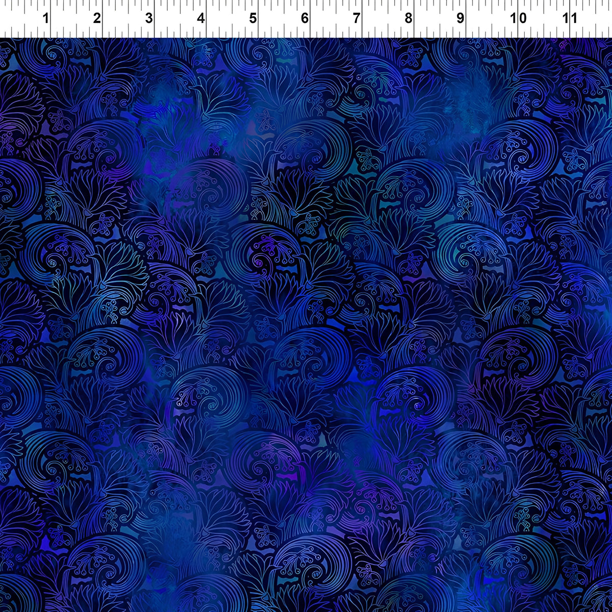 Art Nouveau floral scrolls feathery leaves cobalt violet blue midnight navy digitally printed blender quilting fabric Jason Yenter In The Beginning Fabrics
