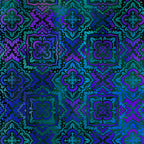 Kaleidoscopic medallions cobalt blue teal emerald violet Moroccan tile mandala dark background digitally printed quilting fabric Jason Yenter In The Beginning Fabrics