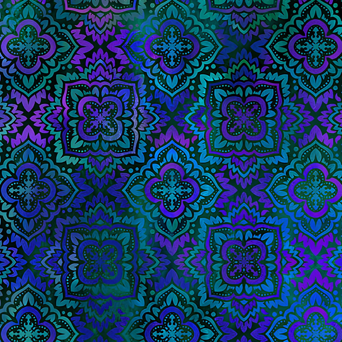 Kaleidoscopic medallions cobalt blue teal emerald violet Moroccan tile mandala dark background digitally printed quilting fabric Jason Yenter In The Beginning Fabrics