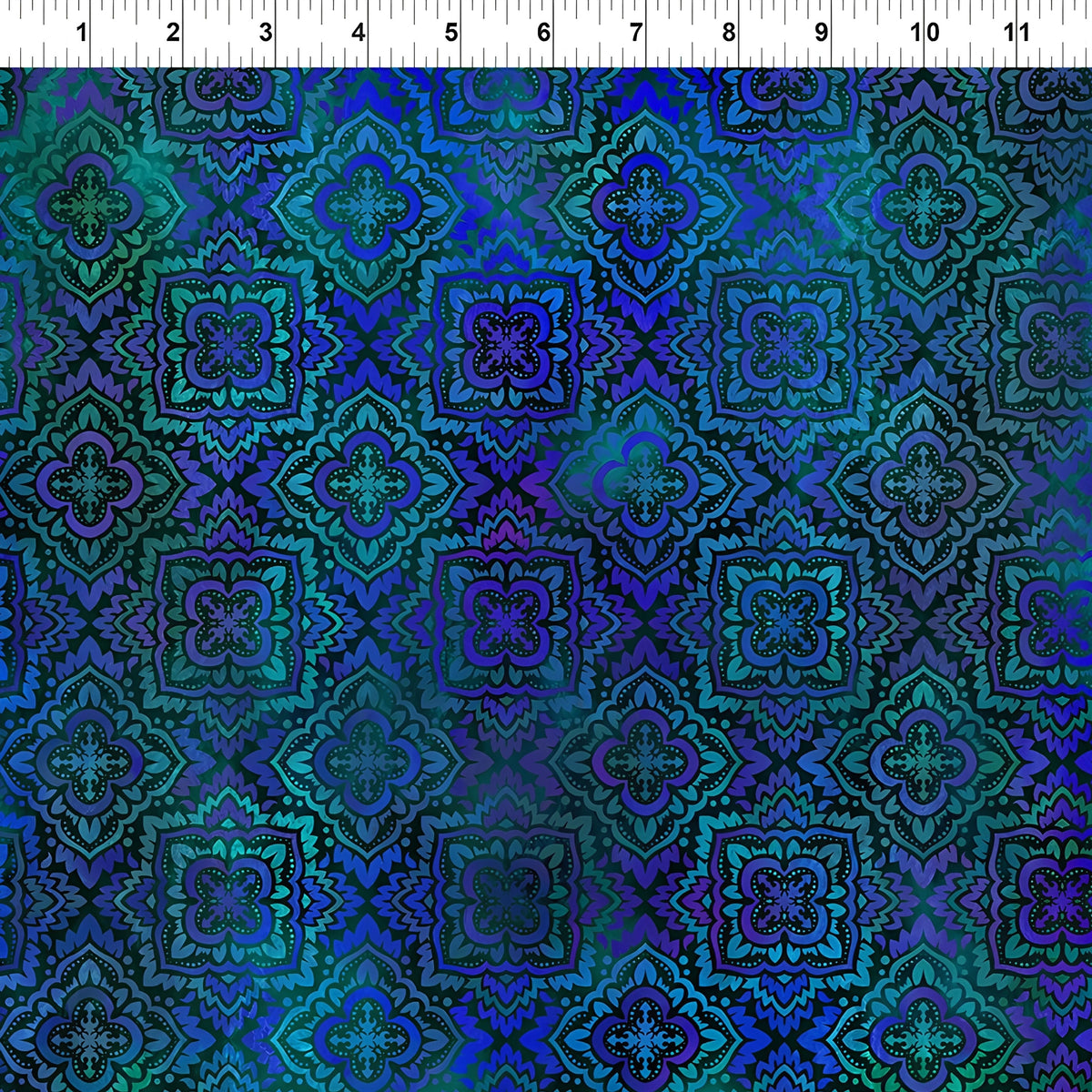 Kaleidoscopic medallions cobalt blue teal emerald violet Moroccan tile mandala dark background digitally printed quilting fabric Jason Yenter In The Beginning Fabrics