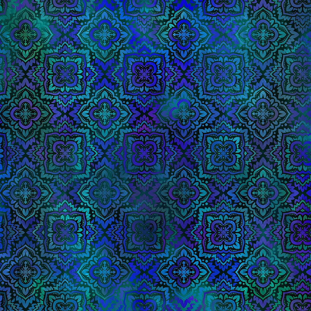 Kaleidoscopic medallions cobalt blue teal emerald violet Moroccan tile mandala dark background digitally printed quilting fabric Jason Yenter In The Beginning Fabrics