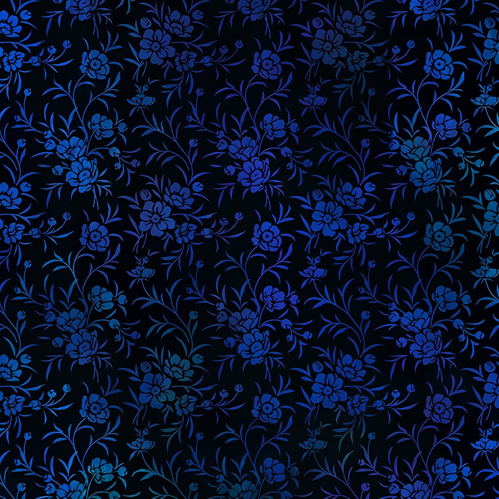 Delicate cobalt blue floral sprigs peony blooms trailing leaves deep black background teal highlights digitally printed blender quilting fabric Jason Yenter In The Beginning Fabrics