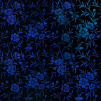 Delicate cobalt blue floral sprigs peony blooms trailing leaves deep black background teal highlights digitally printed blender quilting fabric Jason Yenter In The Beginning Fabrics