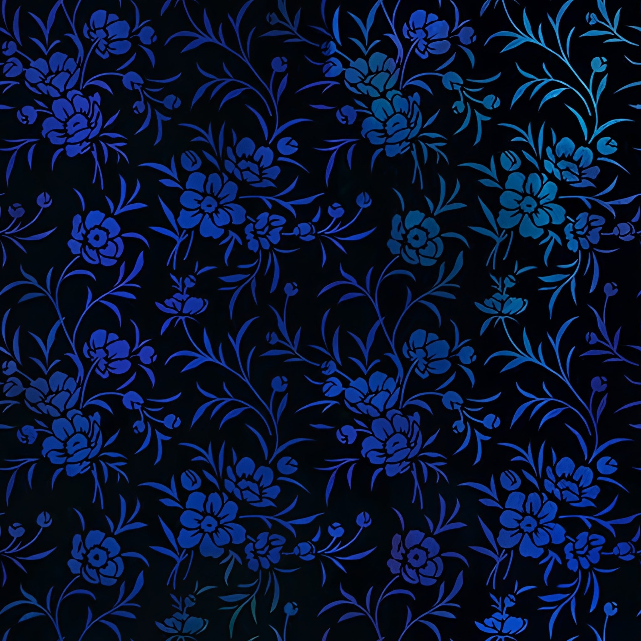 Delicate cobalt blue floral sprigs peony blooms trailing leaves deep black background teal highlights digitally printed blender quilting fabric Jason Yenter In The Beginning Fabrics