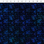 Delicate cobalt blue floral sprigs peony blooms trailing leaves deep black background teal highlights digitally printed blender quilting fabric Jason Yenter In The Beginning Fabrics