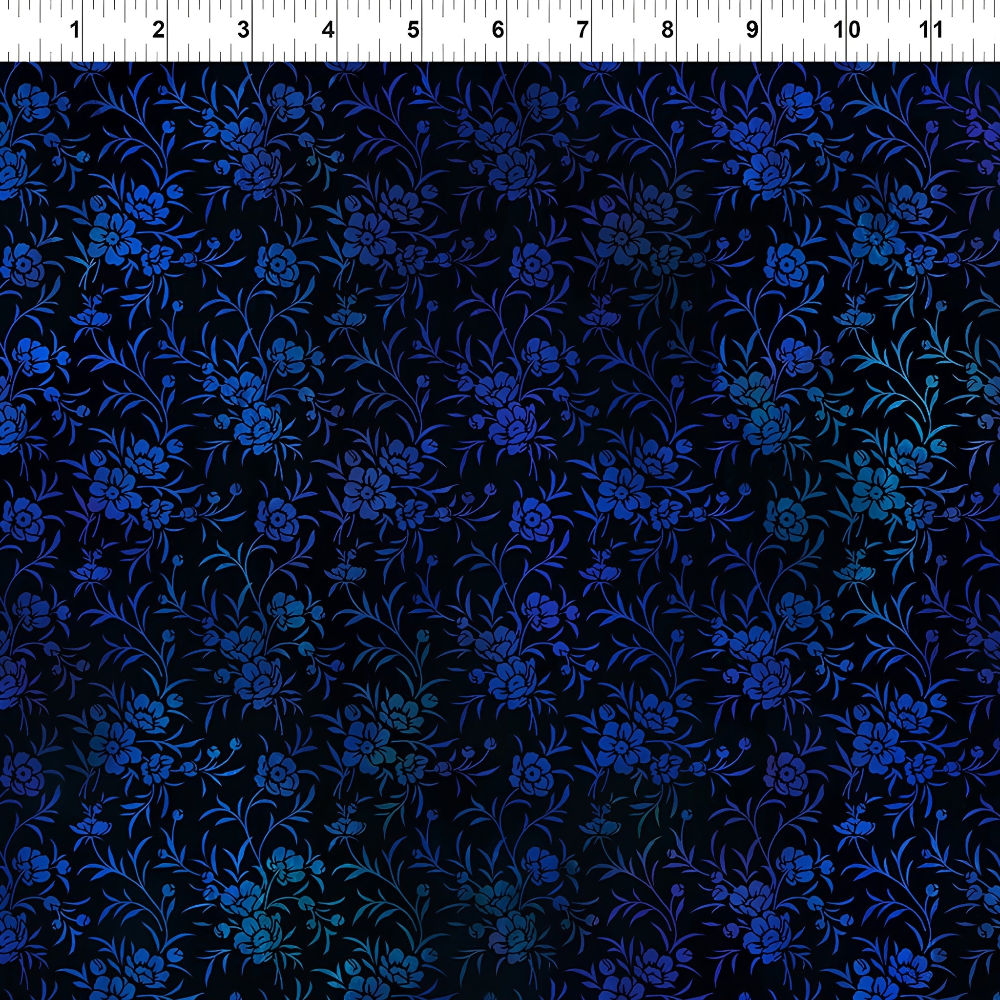 Delicate cobalt blue floral sprigs peony blooms trailing leaves deep black background teal highlights digitally printed blender quilting fabric Jason Yenter In The Beginning Fabrics