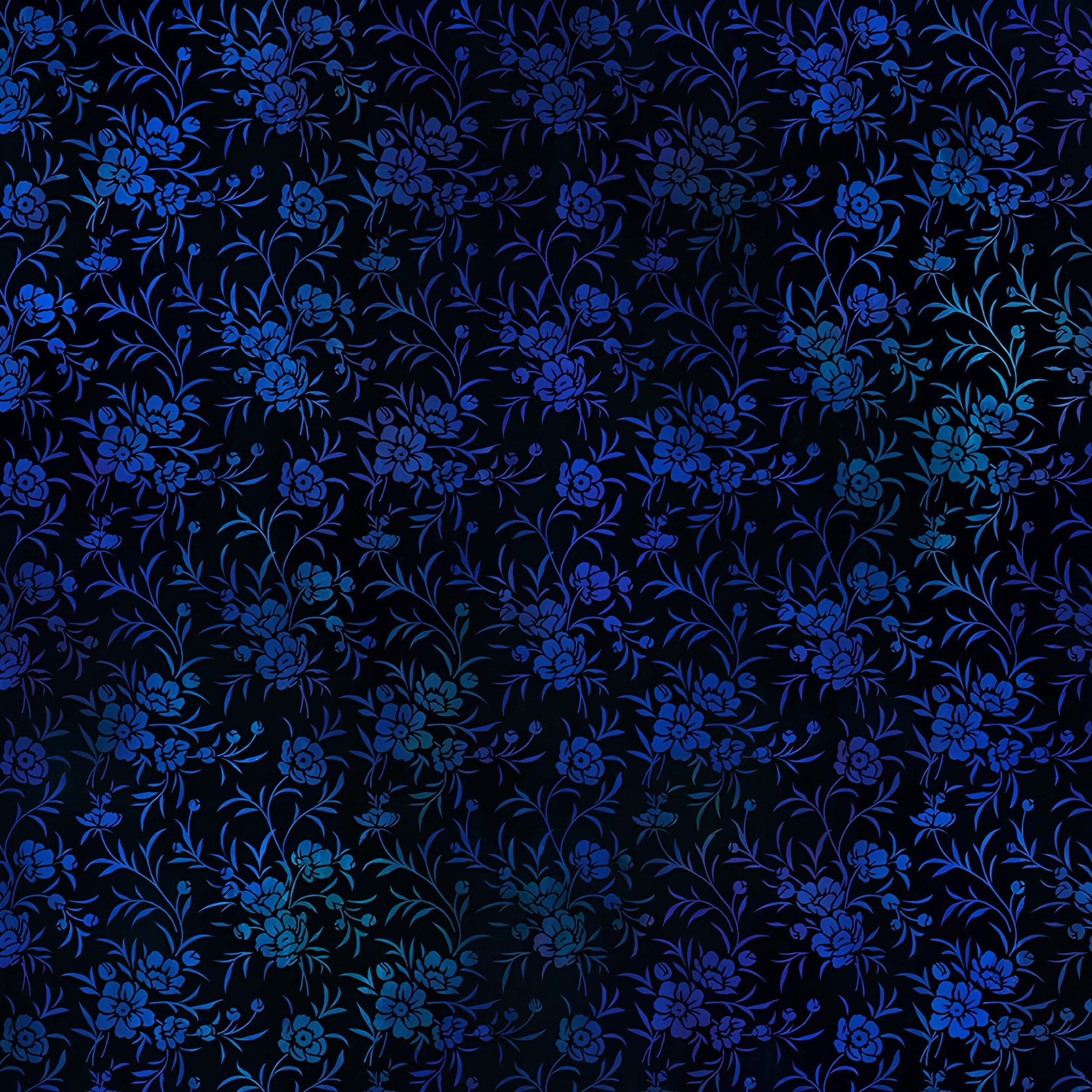 Delicate cobalt blue floral sprigs peony blooms trailing leaves deep black background teal highlights digitally printed blender quilting fabric Jason Yenter In The Beginning Fabrics