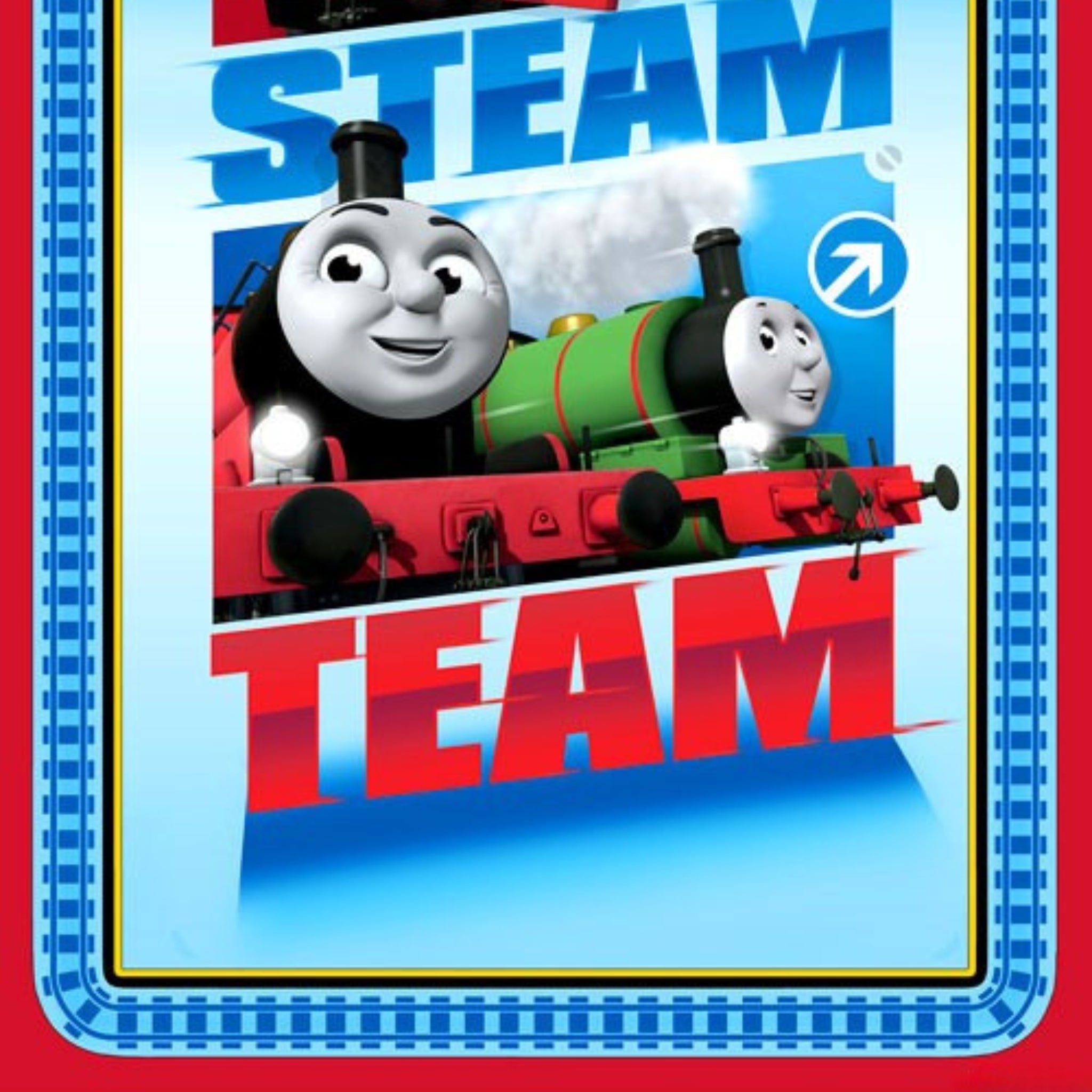 Thomas the Tank Engine James Percy Steam Team train panel royal blue red train track border officially licensed fabric for boys quilts cushions kids gifts