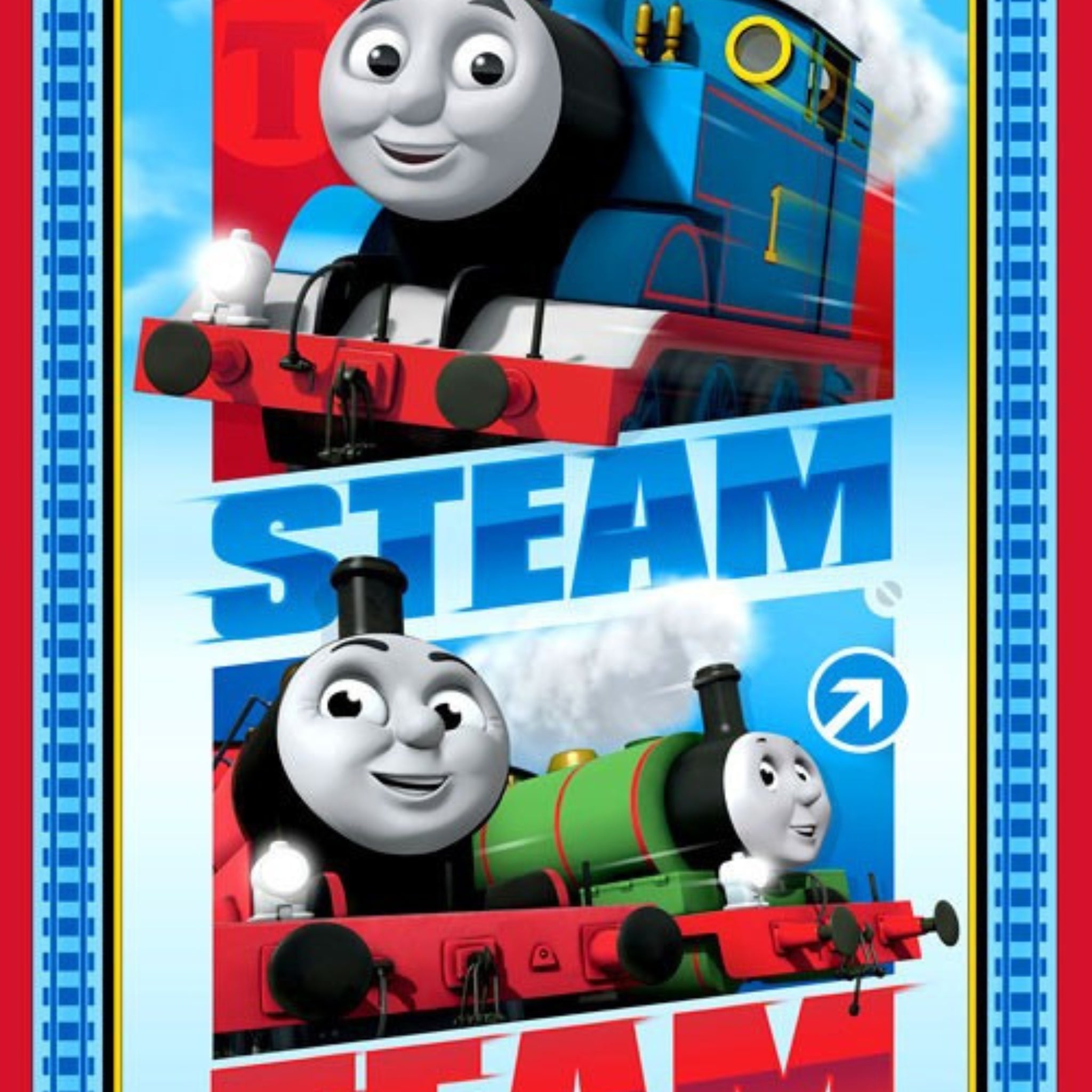Thomas the Tank Engine James Percy Steam Team train panel royal blue red train track border fabric for boys quilts cushions kids gifts