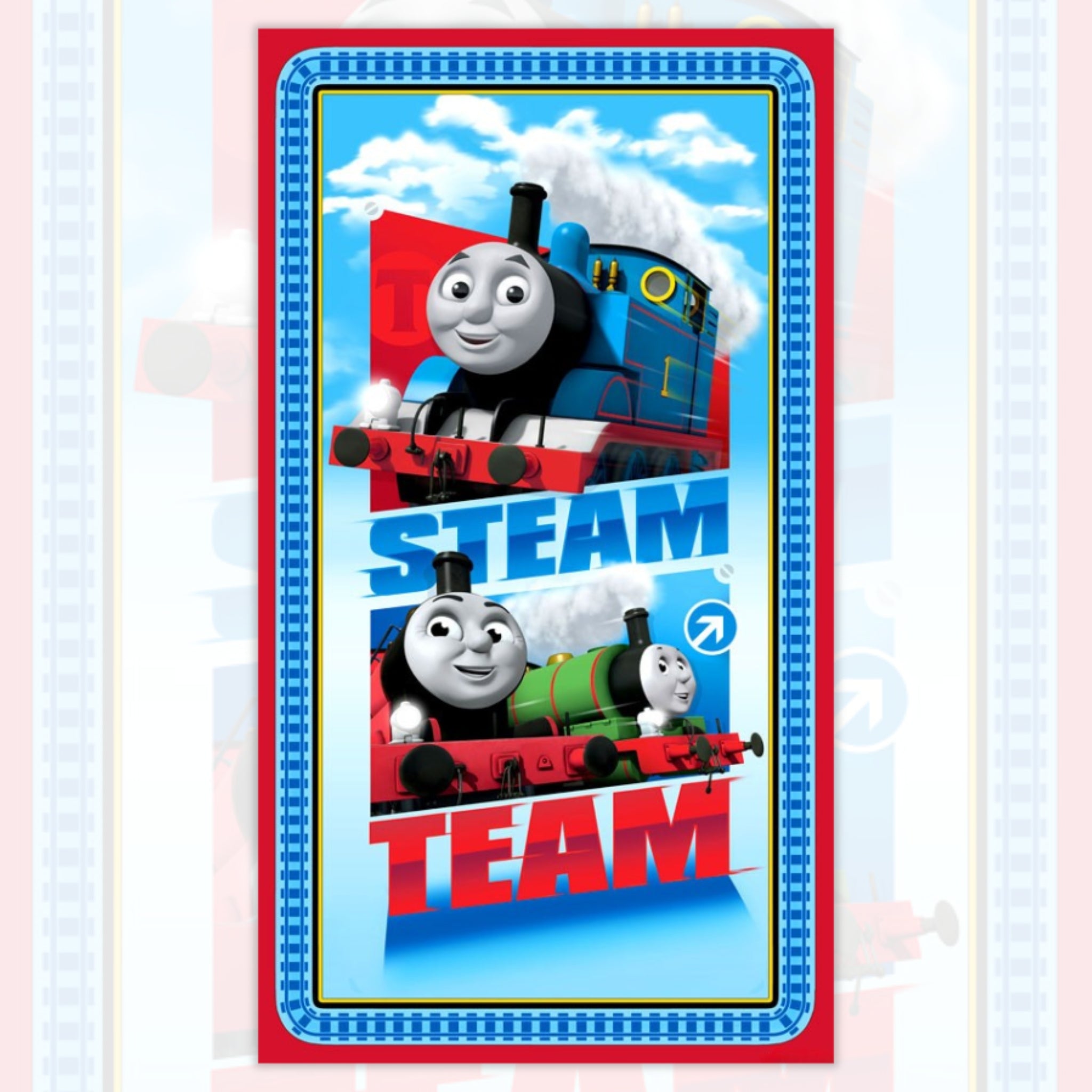 Thomas the Tank Engine James Percy Steam Team train panel royal blue red train track border officially licensed fabric for boys quilts cushions kids gifts