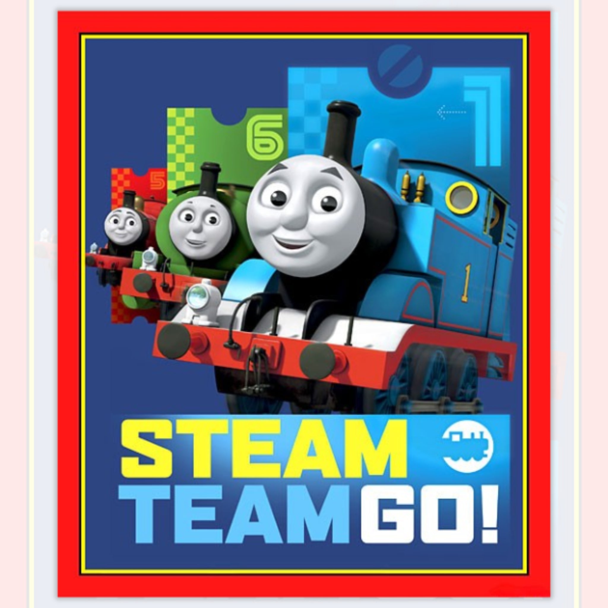 Thomas the Tank Engine Percy James Steam Team Go train panel navy blue red yellow officially licensed fabric for boys quilts wall hangings kids gifts