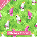 Pink white cockatoos lime green tropical foliage flowering branches fabric for Australian-themed quilts and tropical projects