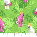 Pink white cockatoos lime green tropical palms flowering branches fabric for Australian-themed quilts and tropical projects