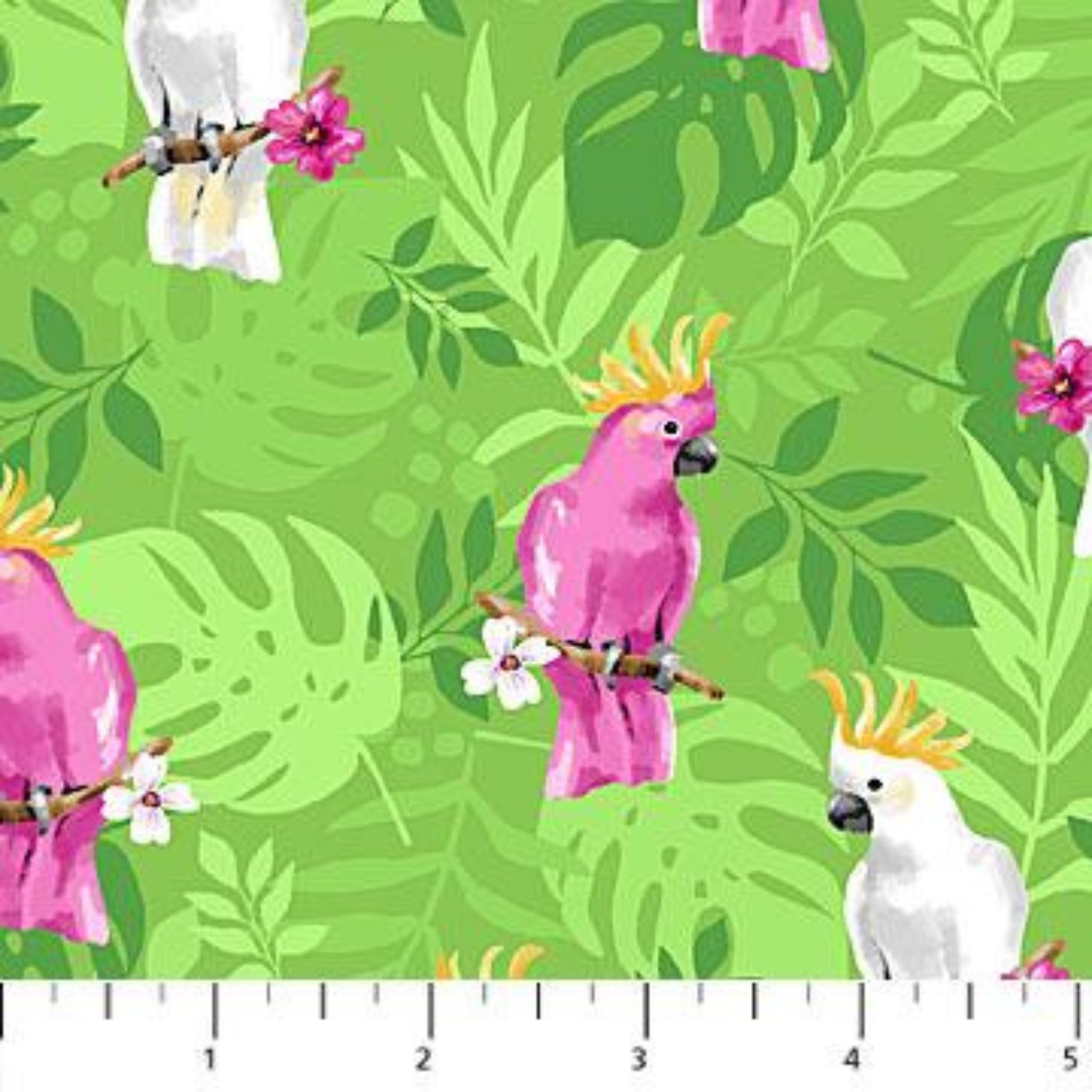 Pink white cockatoos lime green tropical palms flowering branches fabric for Australian-themed quilts and tropical projects