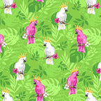 Pink white cockatoos lime green tropical foliage flowering branches fabric for Australian-themed quilts and tropical projects