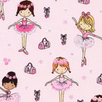 Ballerinas in pink tutus with silver glitter ballet slippers dance bags and flowers on pale pink fabric for girls quilts ballet bags and cushion covers