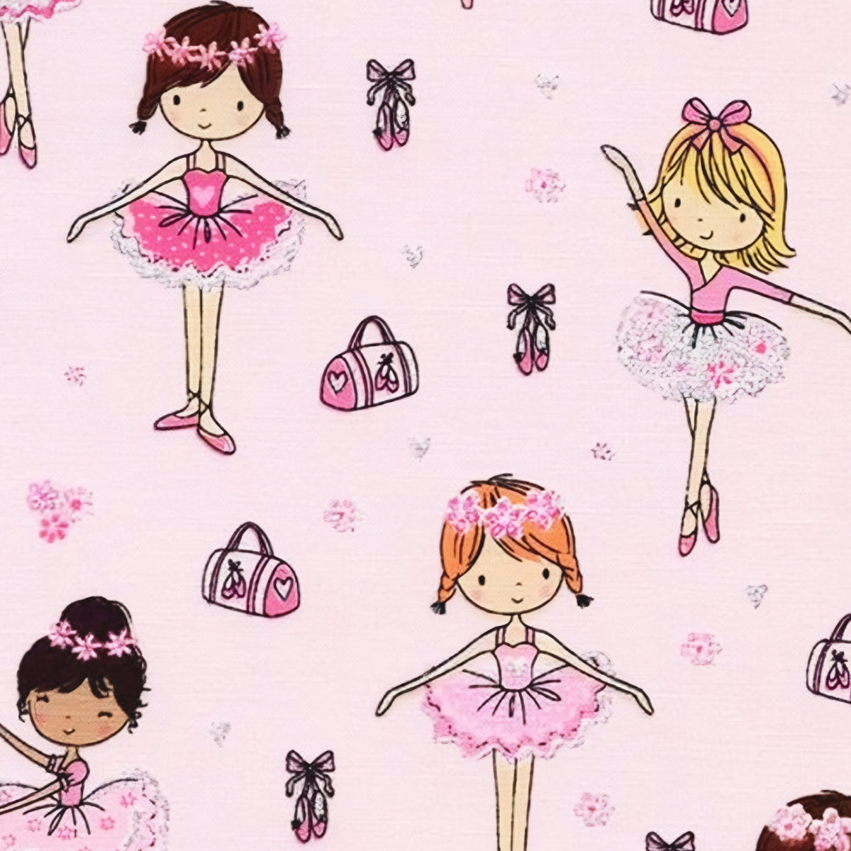 Ballerinas in pink tutus with silver glitter ballet slippers dance bags and flowers on pale pink fabric for girls quilts ballet bags and cushion covers