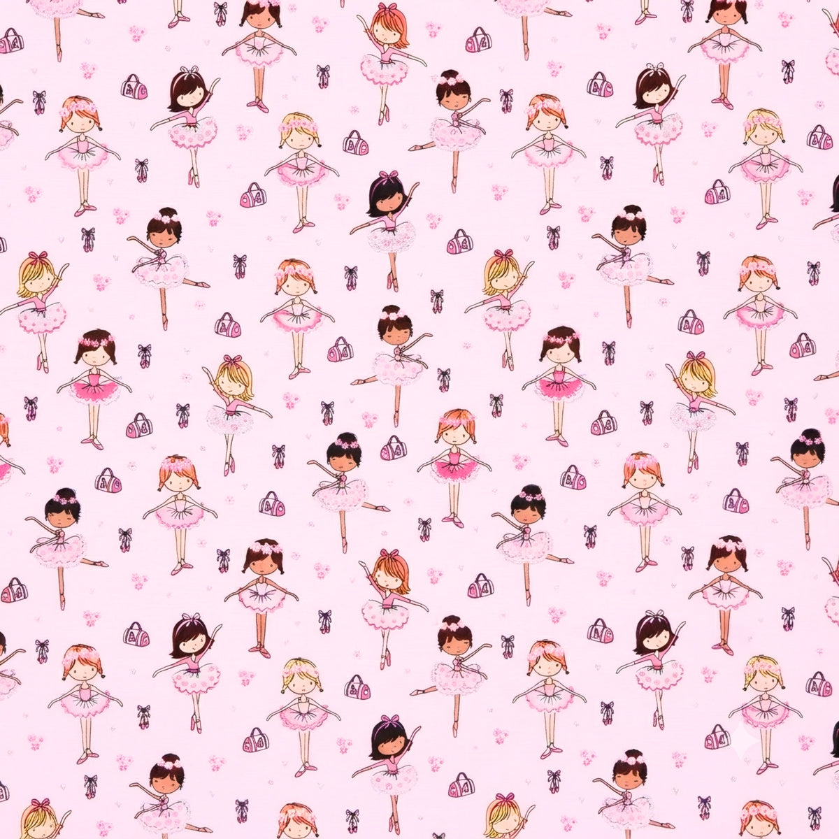 Ballerinas in pink tutus with silver glitter ballet slippers dance bags and flowers on pale pink fabric for girls quilts ballet bags and cushion covers