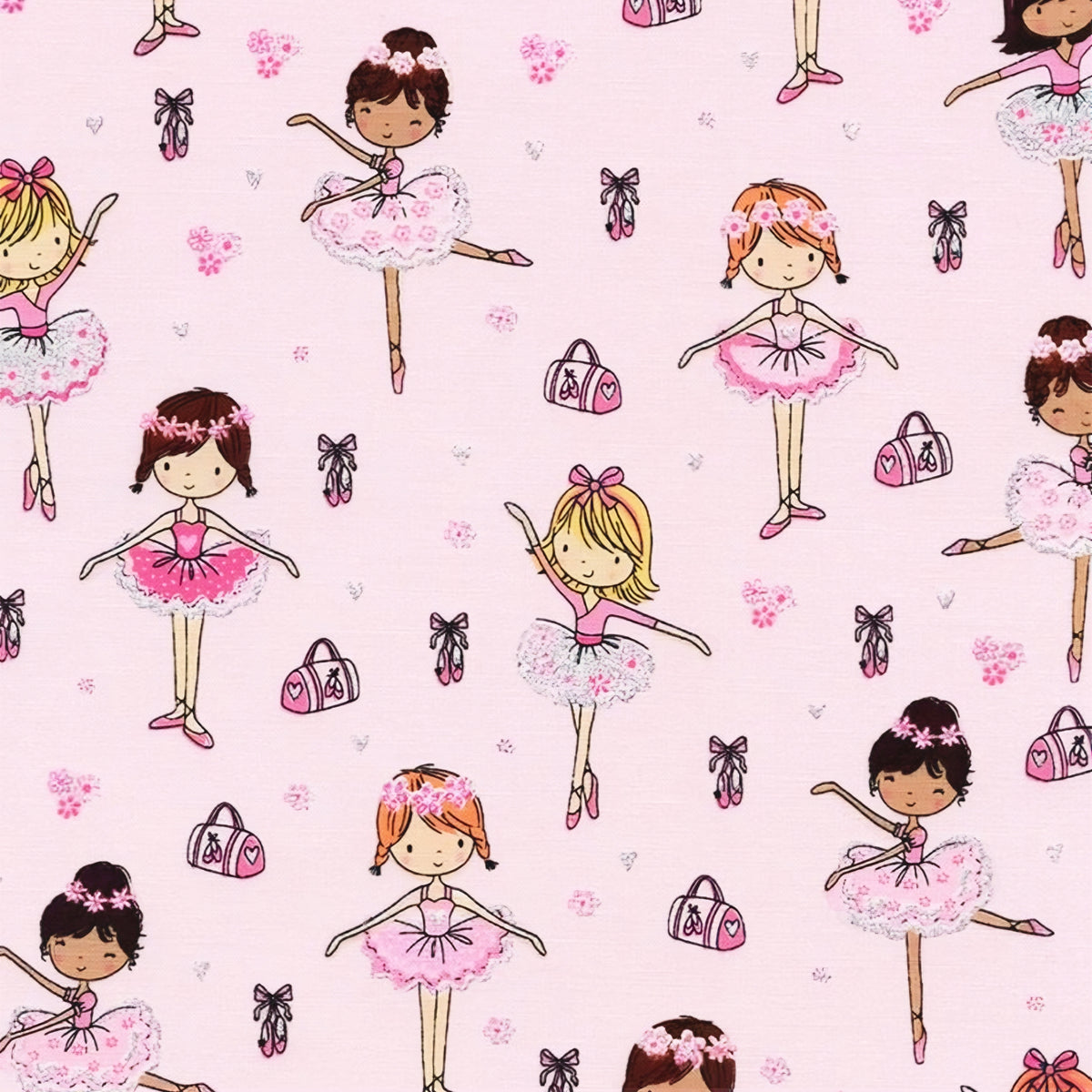 Ballerinas in pink tutus with silver glitter ballet slippers dance bags and flowers on pale pink fabric for girls quilts ballet bags and cushion covers