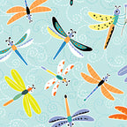 Colourful cartoon dragonflies aqua novelty kids quilting fabric for children's quilts patchwork and novelty sewing projects
