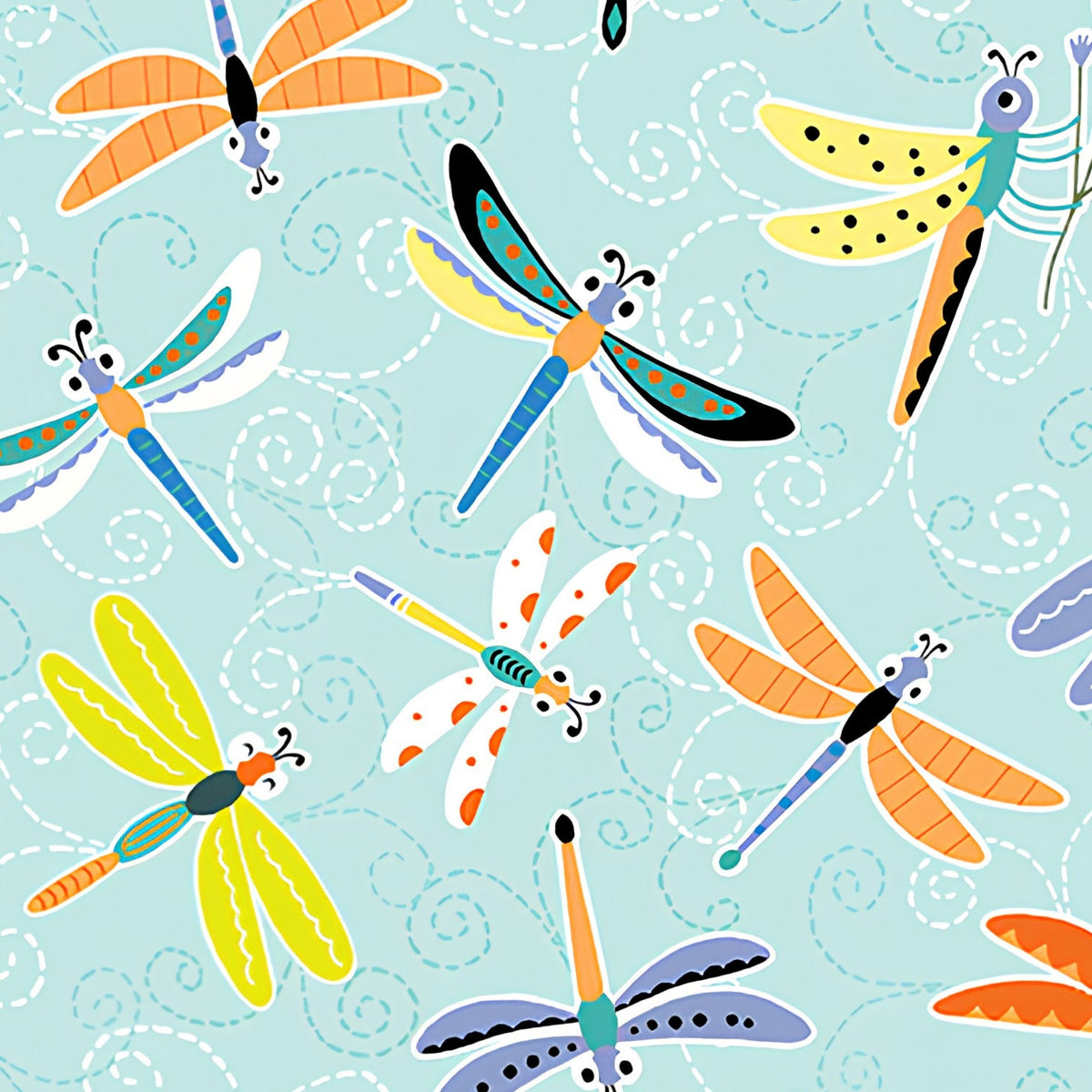 Colourful cartoon dragonflies aqua novelty kids quilting fabric for children's quilts patchwork and novelty sewing projects