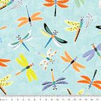Colourful cartoon dragonflies aqua novelty kids quilting fabric for children's quilts patchwork and novelty sewing projects