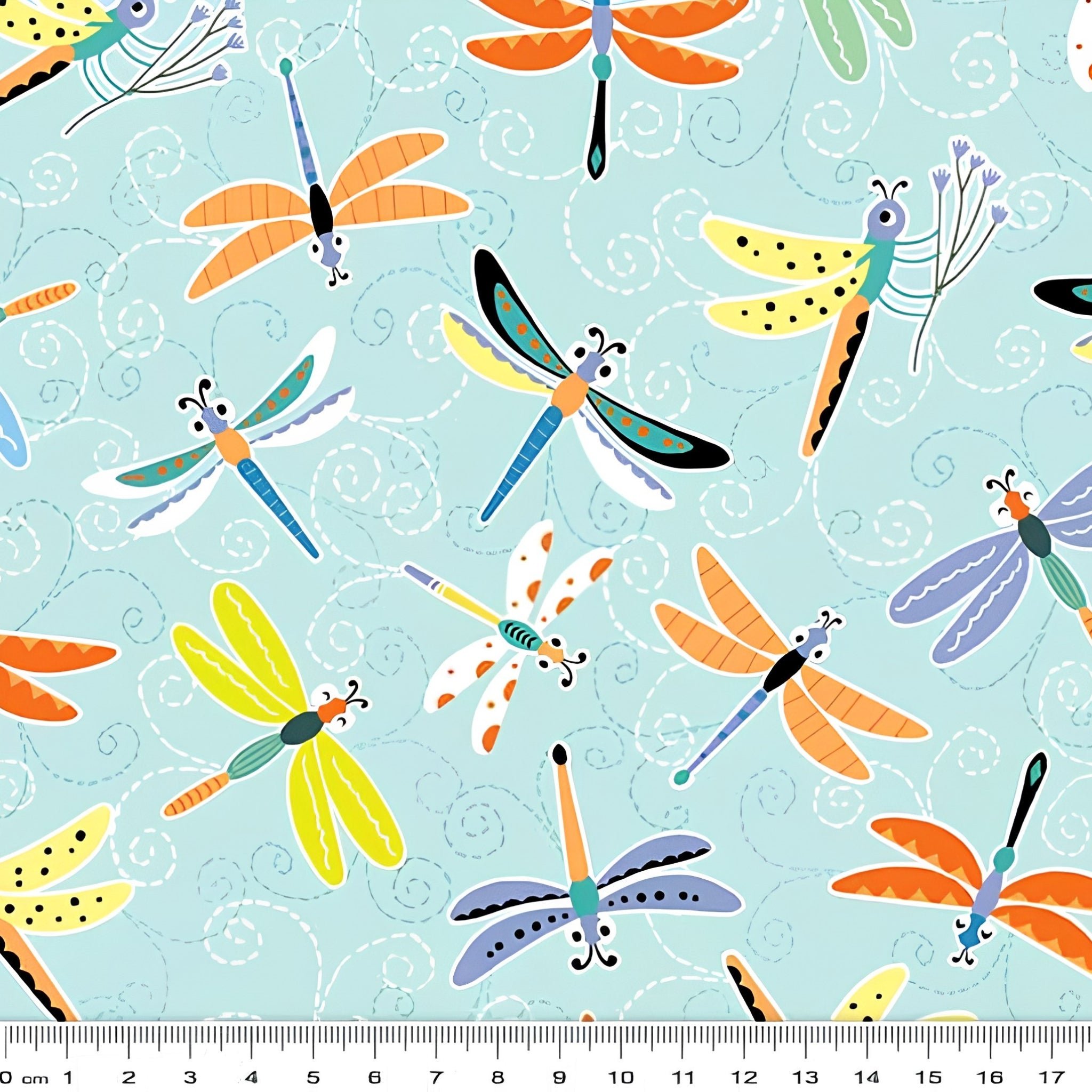 Colourful cartoon dragonflies aqua novelty kids quilting fabric for children's quilts patchwork and novelty sewing projects