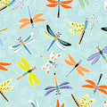 Colourful cartoon dragonflies aqua novelty kids quilting fabric for children's quilts patchwork and novelty sewing projects