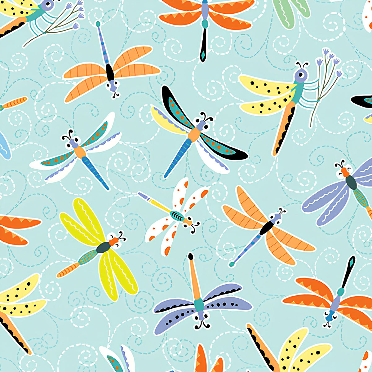 Colourful cartoon dragonflies aqua novelty kids quilting fabric for children's quilts patchwork and novelty sewing projects