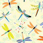 Colourful cartoon dragonflies yellow novelty kids quilting fabric for children's quilts patchwork and novelty sewing projects