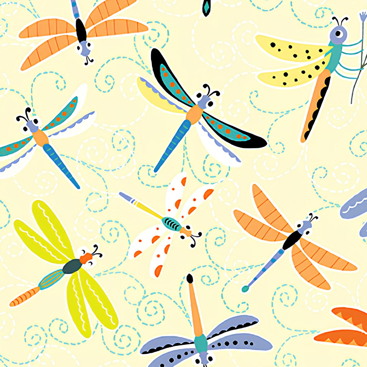 Colourful cartoon dragonflies yellow novelty kids quilting fabric for children's quilts patchwork and novelty sewing projects