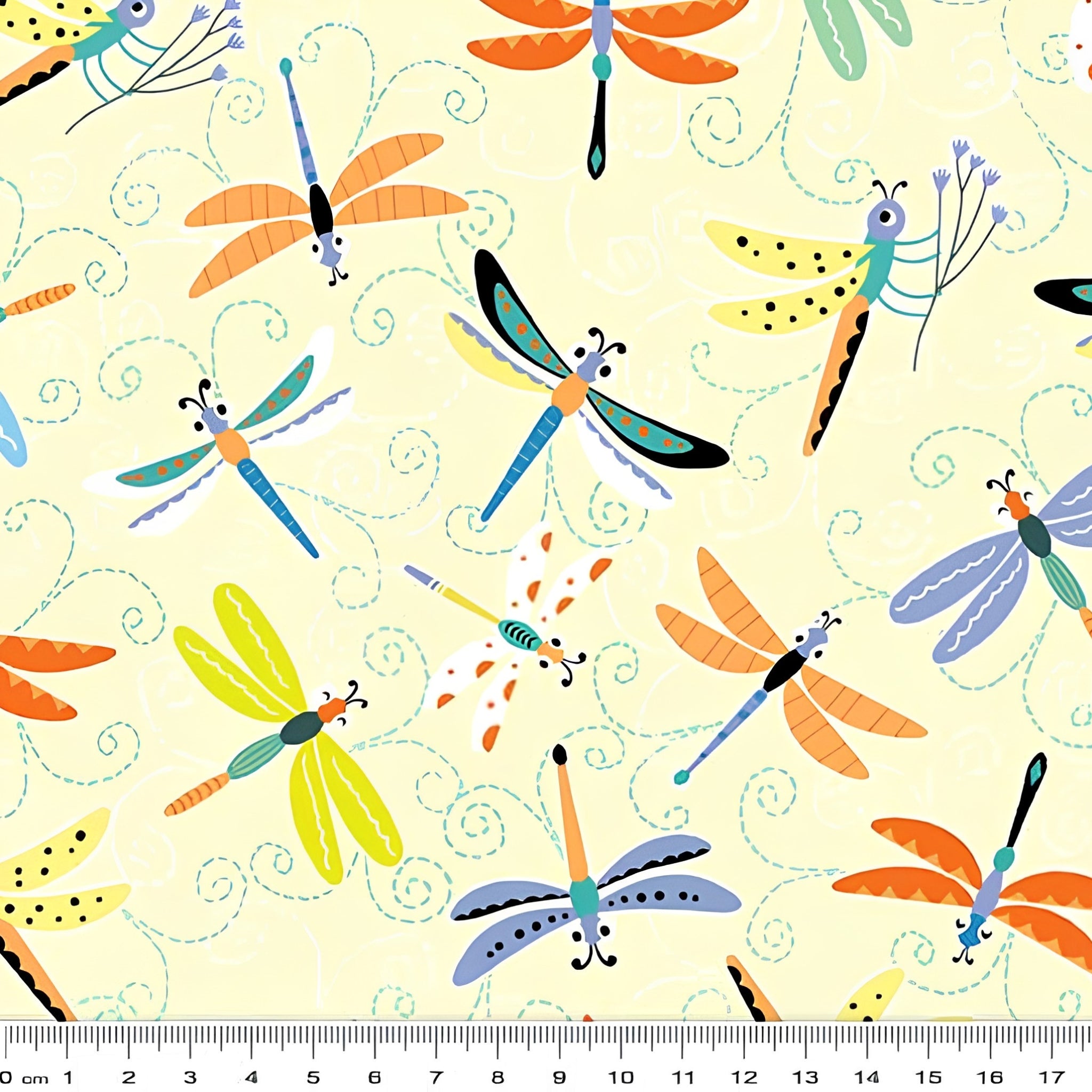 Colourful cartoon dragonflies yellow novelty kids quilting fabric for children's quilts patchwork and novelty sewing projects