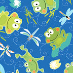 Cartoon frogs and dragonflies blue novelty kids quilting fabric for boys' quilts children's patchwork and novelty sewing projects