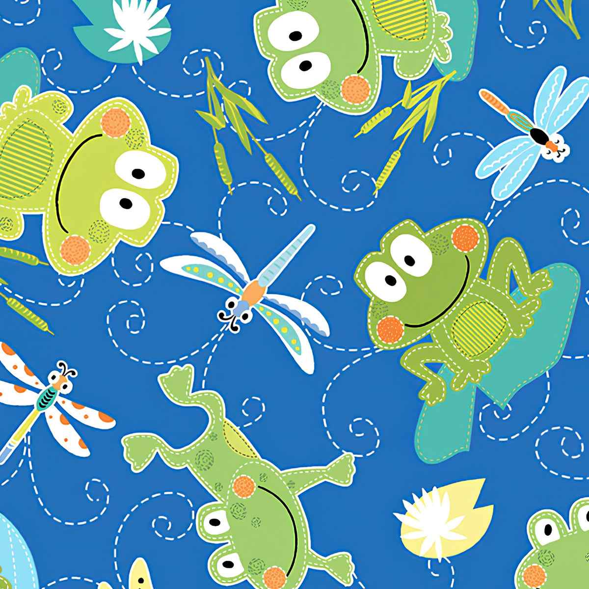 Cartoon frogs and dragonflies blue novelty kids quilting fabric for boys' quilts children's patchwork and novelty sewing projects