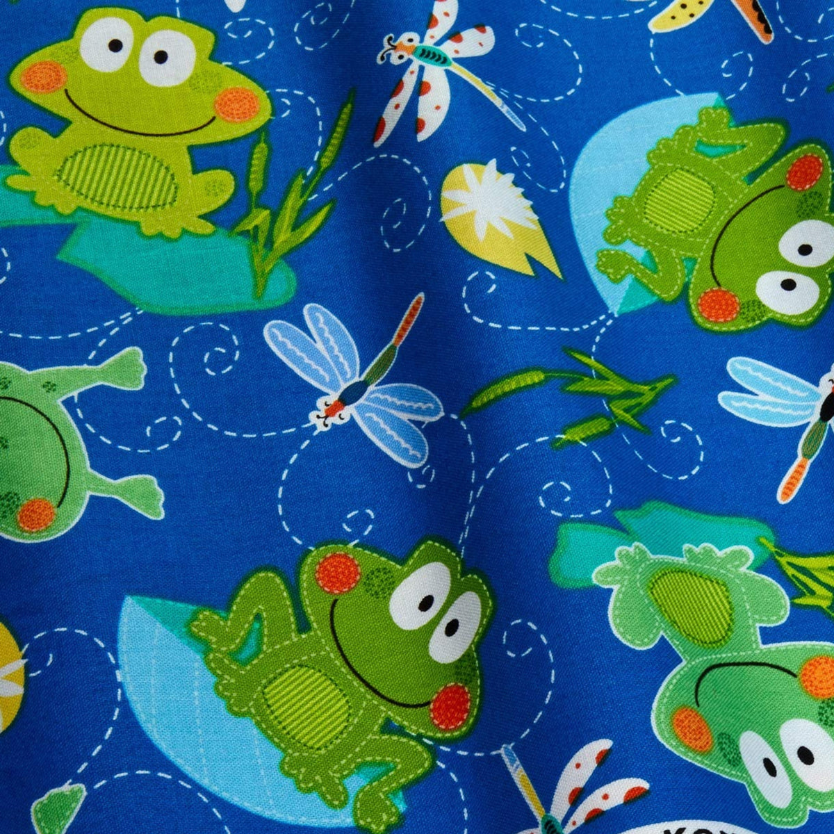 Cartoon frogs and dragonflies blue novelty kids quilting fabric for boys' quilts children's patchwork and novelty sewing projects
