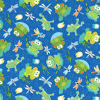 Cartoon frogs and dragonflies blue novelty kids quilting fabric for boys' quilts children's patchwork and novelty sewing projects